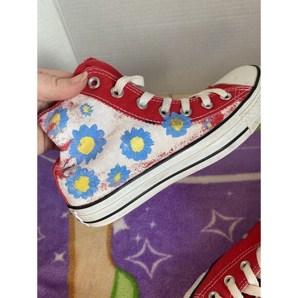Floral Aquatic Converse Red Sneakers Unisex Mens 5 Womens 7 Hand Painted - Picture 4 of 9